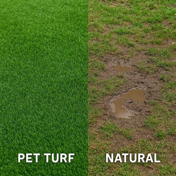 Two tones of artificial grass meeting at a seam, the join invisible under the brushing.
