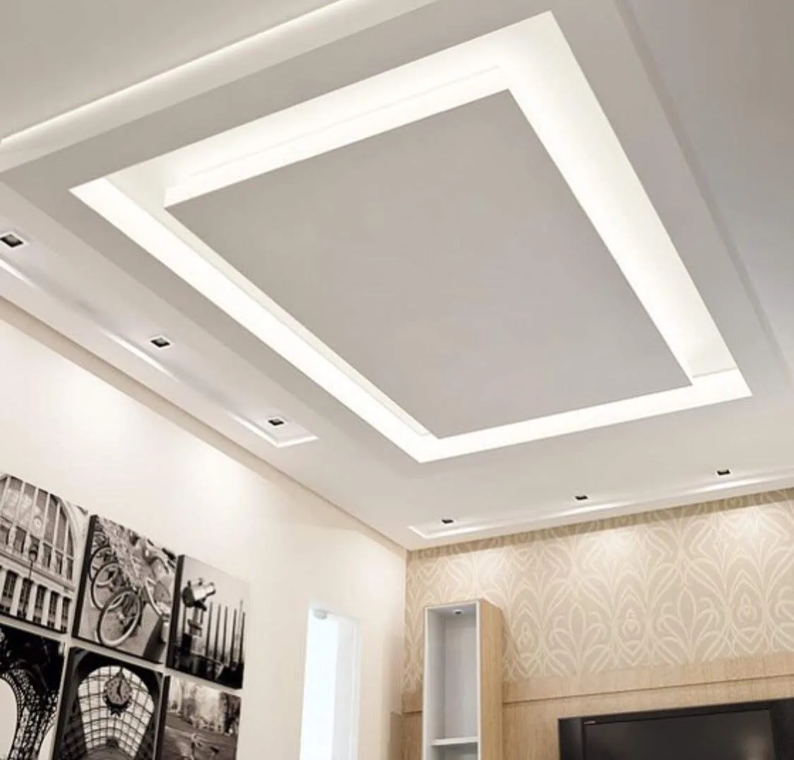 Bright white tray ceiling with a glowing LED perimeter above a wallpapered feature wall.