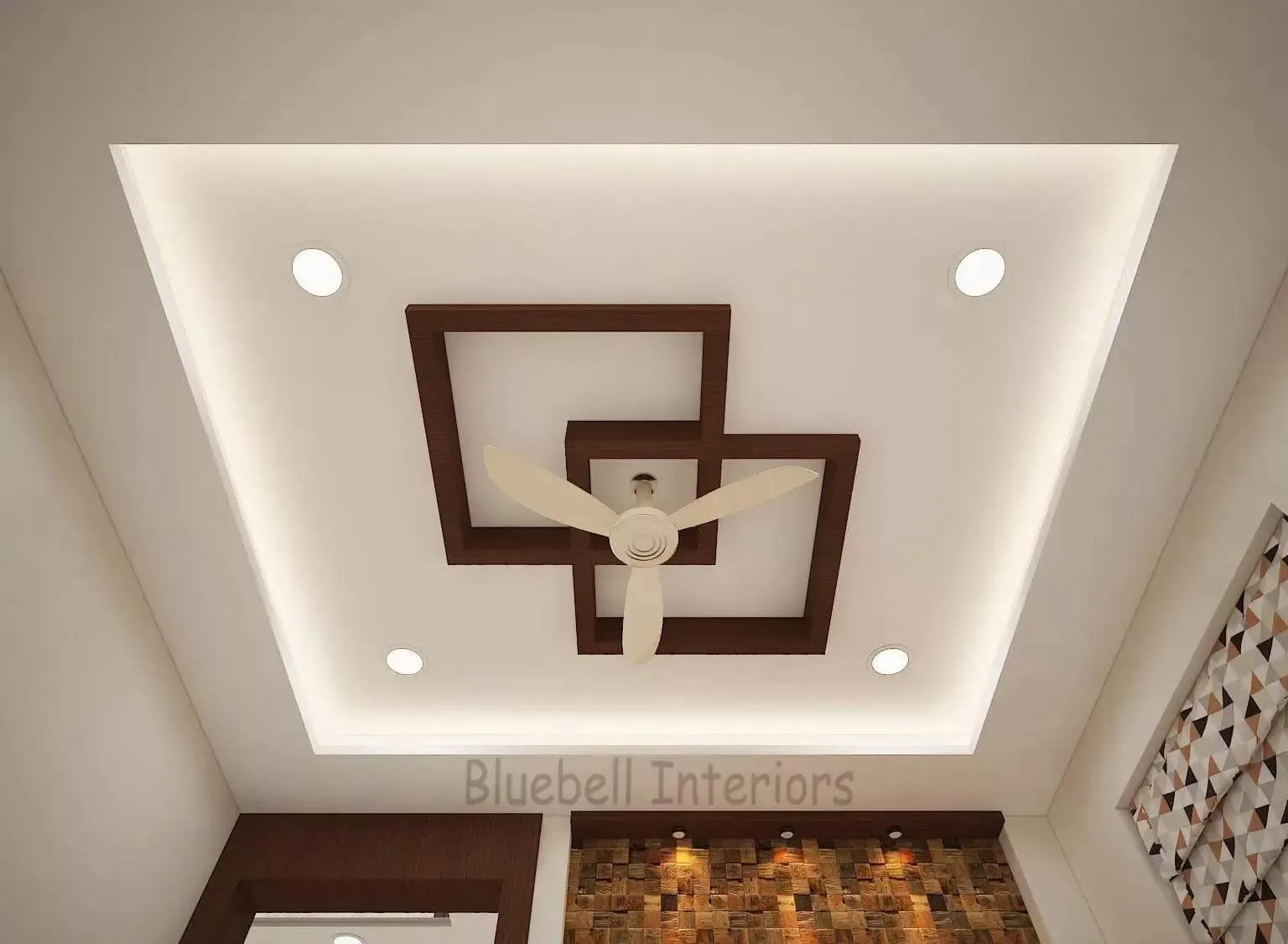 Interlocking timber-look ceiling squares around a central fan under warm cove light.
